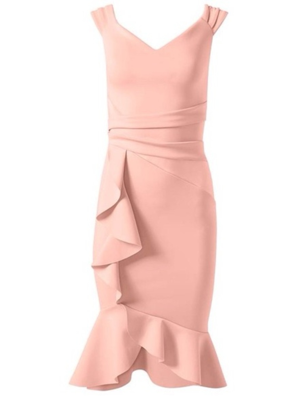 VENUS Blush Pink Ruffle Midi Sheath Dress